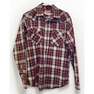 Wrangler Men's Medium Plaid Cotton Shirt Red Blue Cream Button Up